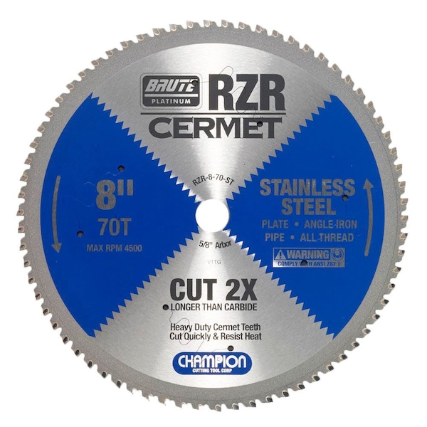 Brute Platinum 8in Brute RZR Cermet Tipped Circular Saw Blades for Stainless Steel, 70 Teeth, 5/8in Arbor CHA RZR-8-70-ST - main